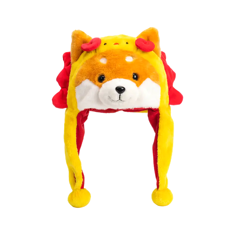 Gelber Shiba mit Plüschhut mit roter Mähne